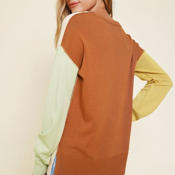 MYSTREE Color Block Knit Sweater, Cream Brown Yellow Green, Lightweight Pullover - Picture 6 of 8